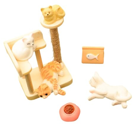 Shurhome 1/12 Scale Resin Miniature Cats Model Figure with Post Tree Various Poses for Doll House Scene Building Miniature Furniture