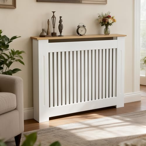 FATIVO Radiator Covers White Inner 81cm Vertical Slat MDF Wood Grain Top | Anti-Tipping Device,Ventilated Design Top Shelf, Durable Construction, Medium Heat Protection Cover for Kitchen Bedroom