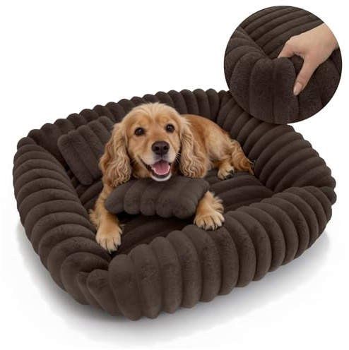 Domarex Dogguru Tola Hundebett 80X70 cm Groß - Weiches Hundesofa Mit Kissen, Rabbit Fur Plüsch, Anti-Rutsch Unterseite, Waschbares Hundekissen Für Mittelgroße Hunde & Große Katzen, Braun