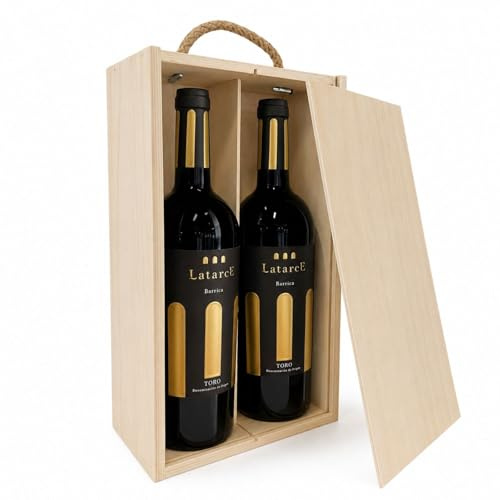 Latarce | Vino Tinto Barrica D.O. Toro 100% Tinta de Toro | 9 Meses Roble Francés y Americano | Pack 2 Botellas 75cl Caja de Madera | Ideal para Regalo