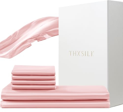 THXSILK Seidenbettwäsche 155x220 3 teilig, Rosa Luxus Seide Bettwäsche Set Oeko-TEX, Bettbezug 155 x 220 cm und 2 Kissenbezüge 80x80 cm mit Reißverschluss, Super Weich und Glatt
