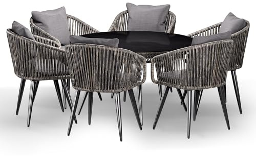 di volio Gartenmöbel-Set Polyrattan mit rundem Glastisch Outdoor Rieti | Verzinkter Stahlrahmen, gehärtete Glasplatte, Nivellierfüße, UV-beständig, kratzfest, pflegeleicht