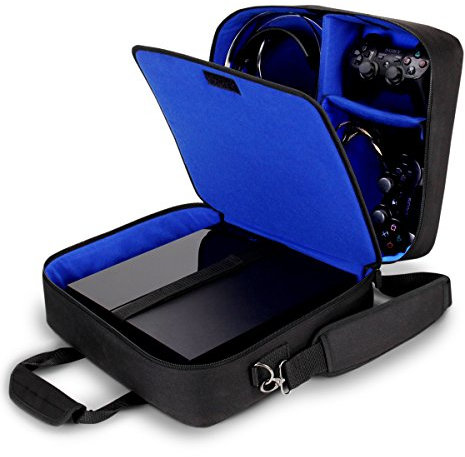 USA Gear Tragetasche für Gaming Konsolen - Schutz Konsolentasche mit Schultergurt und Unterteilbaren Fächer für Zubehör und Games – Kompatibel mit Playstation 4, Xbox One und Mehr Konsolen - Blau