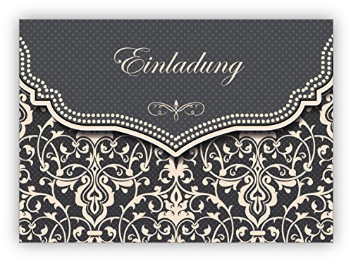 4x Edle Einladungskarte mit Vintage Damast Muster in edlem Grau zur Hochzeit, Taufe, Diner etc: Einladung • schöne Gruss Klappkarten Set mit Umschlägen innen blanko für liebe Worte