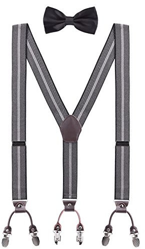 WANYING Herren Y-Form 6 Clips 3,5cm*120 Hosenträger & Fliegen 2 in 1 Set Gentleman Klassisch - Gestreift Schwarz Grau