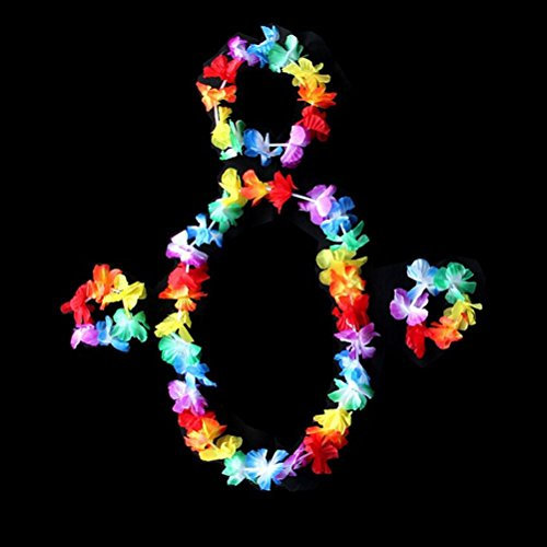 SHATCHI 4pcs Hawaiian Flower Lei Set Necklace, Headband, 2 Bracelets Girls Party Accessories Garland Colourful Beach Theme Fancy Dress Favours