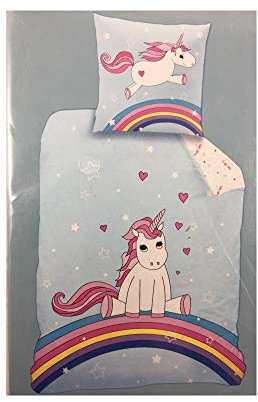 MATT & ROSE Bettwäsche Einhorn auf dem Regenbogen Wendemotiv Bezug 135x200cm Kissen 80x80cm 100% Baumwolle Renforcé