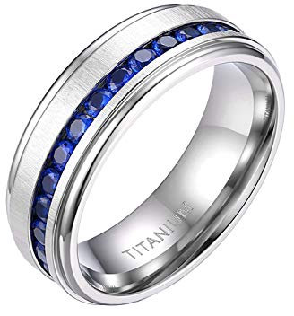 Mabohity Ring Herren/Damen Gebürsteter Titan-Ring mit Blau Saphir Zirkonia Titanium 8mm Breit Ewigkeit Ehering Verlobungsring Hochzeit Band, Silber, Größe 70