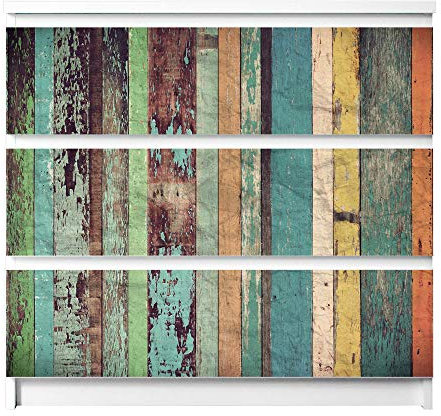 banjado® Möbelfolie selbstklebend für die IKEA Malm Kommode 3 Schubladen - Schrankfolien selbstklebend mit Motiv Bunte Bretterwand/Möbelfolie Malm für Kinder