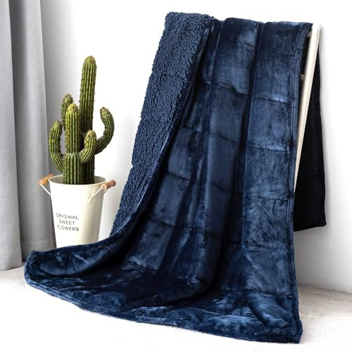 Topblan Gewichtsdecke für Erwachsene 6,8 kg, 150 x 200 cm, Sherpa-Fleece Gewichtsdecke in Reiner Farbe mit kuscheligem Fleece und flauschigem Sherpa für besseren Schlaf, Marineblau