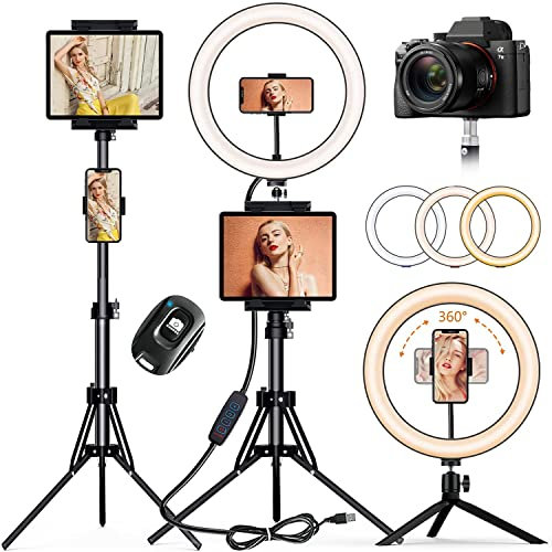 PEYOU Aro de Luz con Trípode 183CM con Soporte para Tablet, 12 Aro de Luz con Mini Tripodey 3 Soporte para Teléfono, 3 Modo 10 Brillo & Obturador Bluetooth para Maquillaje, Selfie, Youtube, TikTok