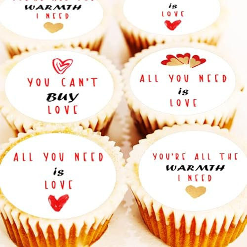 Valentine's Day Cake Toppers - All You Need Is Love Cupcake Decorations - 4cm x 24 - Pre Cut - Edible Icing or Wafer (Edible Icing)