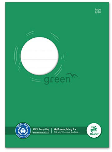 Staufen Ursus Heftumschlag mit Beschriftungsfeld, 10 Stück, DIN A4, 150g/m² Recyclingpapier, Schutz für Schulhefte, Farbe grün, Green