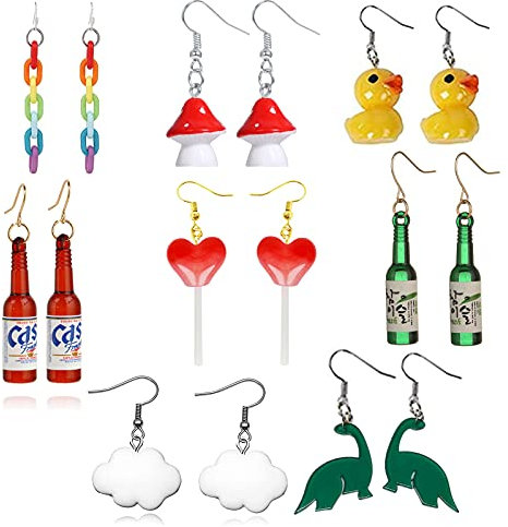 XHBTS 8 Pairs Cute Weird Earrings Funny Mushroom Lollipop Duck Wine Bottle Dinosaur Clouds Rainbow Resin Dangle Drop Earrings for Women Girls