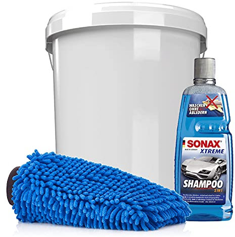detailmate Auto & Motorrad Wasch Set: SONAX 2in1 Shampoo 1L + Wascheimer mit passendem Deckel + Mikrofaser Chenille Waschhandschuh
