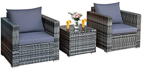 COSTWAY 3 TLG. Polyrattan Set Rattanmöbel, Rattan Sitzgarnitur mit Tisch aus Glas und waschbarem Sitzkissen, Garten Sitzgruppe, Balkonset Lounge für Indoor Outdoor, Grau