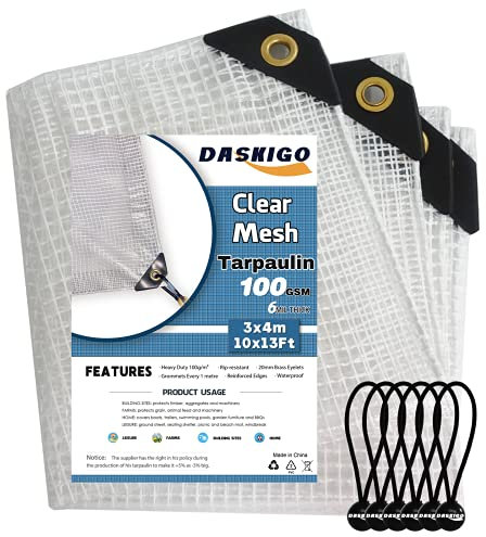 DASKIGO 3 x 4 m en Maille renforcée Robuste et imperméable - Bâche Transparente & 6 balles élastiques