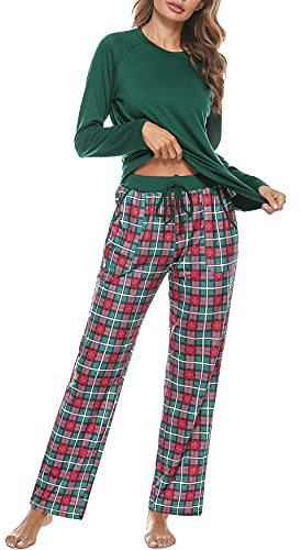 Uniexcosm Women's Pyjama Sets Cotton Checked Loungewear Set Long Sleeve Cotton Top and Pants Sleepwear for Ladies Green