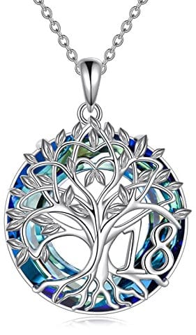 YFN 18th Birthday Gifts for Girls Sterling Silver Tree of Life Necklace with Blue Crystal Graduation Christmas Jewellery for Daughter Granddaughter Girlfriend
