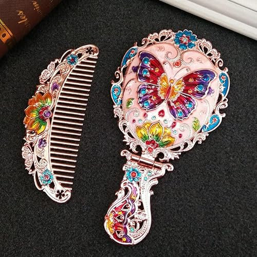 BYVUTE Handspiegel Set, Vintage Make-up Spiegel und Kamm Antik Prinzessin Schloss Kosmetik Dekorative Geprägte Haarbürste Geschenk für Frauen Mädchen (Blume)