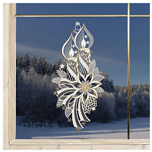 DSD Design-Studio Drechsler Weihnachts-Fensterbild Lichterglanz Plauener Spitze Adventskerzen in weiß-Gold 37 x19 cm