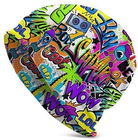DJNGN Comics-Muster mit Graffiti-Stil Beanie-Mütze für Männer und Frauen Winter Warme Mützen Schwarz