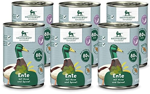 Knuffelwuff Nassfutter Hund | Ente mit Hirse & Spinat | 6 x 400g | ohne Getreide & ohne Zuckerzusätze | Hundefutter nass mit hochwertigem frischem Fleisch | für ausgewachsene Hunde