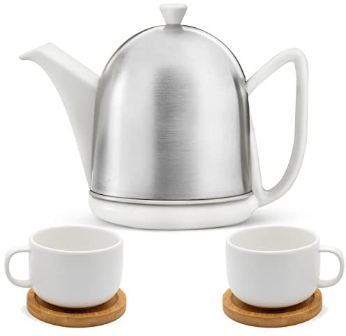 Bredemeijer 5-teiliges weißes Keramik-Teekannen Set matt inkl. 2 Teetassen mit Holzuntersetzer - 1 L Steingut Kanne mit Tee-Filter Sieb-Einsatz