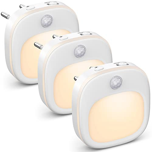 Luz Nocturna Infantil, 3 Piezas con Sensor de Movimiento, 3 Modos de Temperatura de Color y Atenuación Continua, Luz LED Blanca Cálida para Niños/Baño/pasillo/Armario
