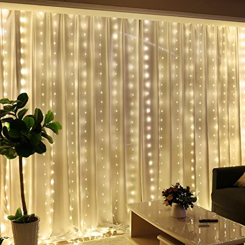 HXWEIYE Guirlande Lumineuse Blanc chaud, Rideau Lumineux 300 LED 3m*3m,8 Modes d'Eclairage USB Télécommande Guirlande avec Minuterie pour Salle, Fenêtre, Mariage, Fête, Noël