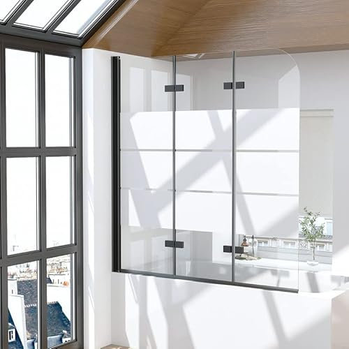Duschwand für Badewanne 3-teilig 130x140cm Schwarz Duschabtrennung, Faltbar Gestreift Glas Badewannen Badewannenaufsatz 6mm EGS Sicherheitsglas, Duschtrennwand Trennwand Badewannenwand