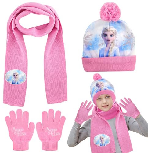 Kinder Strickmütze,Schal und Handschuhe 3 in 1 Set,Warme Wintermütze Geschenke für Kinder Jungen Mädchen 3–6 Jahre,Hochwertige Cartoon-Drucke (Rosa)