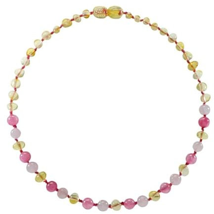 Collier 32 centimètres - Ambre et pierres naturelles - Ambre Lemon/Quartz rose/Calcédoine