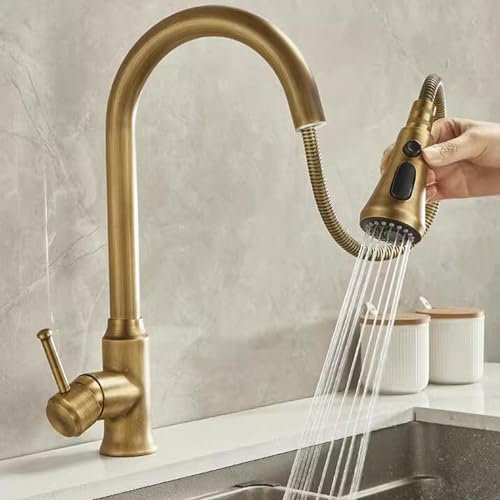 Antique Brass Kitchen Tap with Pull Out Spray, Kitchen Sink Tap Brassswivel Retro Kitchen Mixer Taps/Antique