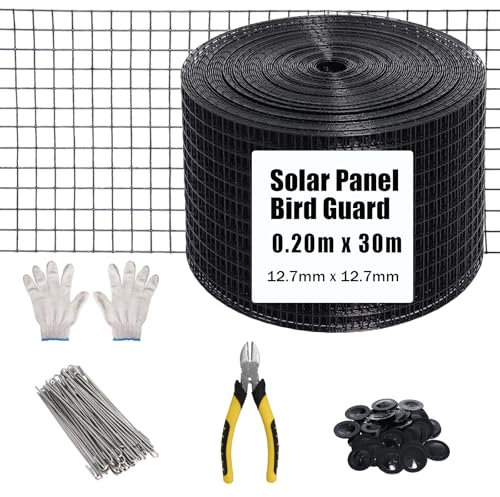 Solar Panel Bird Mesh Kit 8in*100ft Bird Deterrent PVC Wire Gekufa, Bird Guard for Solar Panel Proofing to Prevent Pigeons Nesting Under Roof with 70pcs Stainless Steel Fasteners, 6in Plier and Gloves
