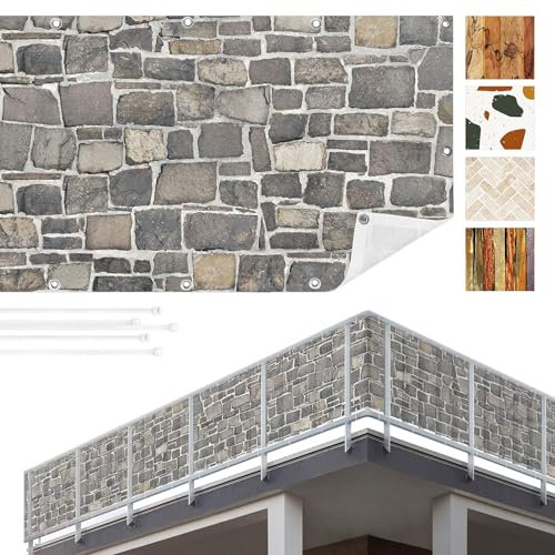 Balkon Sichtschutz Steinoptik 90x550 cm inkl. Kabelbinder Wetterfest Blickschutz Balkonverkleidung Balkonbespannung Sonnenschutz Balkongeländer Windschutz Terrasse Garten Deko Ideen Grau TEXBS_1039