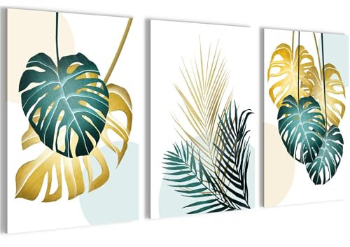 Novart Tableaux Decoration murale Feuilles Plantes Vert Or - PAS DE CADRE NÉCESSAIRE - Salon Chambre Couloir XXL - N029636a