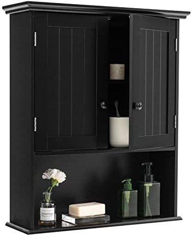 COSTWAY Bathroom Wall Cabinet, Wooden Storage Cupboard with Double Door, Adjustable Shelf and Compartment, Wall Mounted Medicine Cabinet for Living Room Kitchen Hallway (with Wooden Handles, Black)