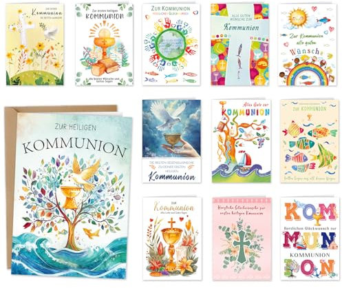 12er Kommunionkarten mit Umschlag Set - Kommunionkarten Glückwunsch Erstkommunion Karte - Hochwertige Motive Klappkarten Kommunion