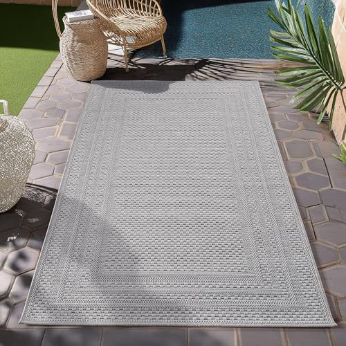 HomebyHome Outdoor Teppich Grau 80x150 cm Läufer Wetterfest UV-beständig Pflegeleicht Einfarbiges Design mit Bordüre für Küche Balkon Terrasse Wohnzimmer