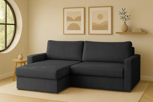 Kaiser Möbel - Ecksofa mit Schlaffunktion und Bettkasten, Wohnlandschaft L Form, Schlafsofa, Bequemes Couch mit Ottomane für Wohnzimmer, Klappsofa, Cordstoff, Sofa L-Form, LUBEKA, Graphit, Links