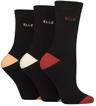 ELLE Women's Soft Cotton Socks - Plain, Striped and Patterned with Hand Linked Toes Multipack of 3 Pairs Size 4-8