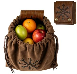HiiFeuer Mittelalter Gürteltasche mit Prägung Klappbare Foraging Bag Wander-Gürtelbeutel Für LARP & Cosplay (Braun A)