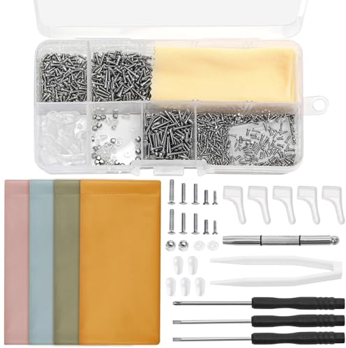 1000 Pcs Glasses Repair Kit, Spectacle Repair Kit Screws with Pliers, Sunglasses Repair Kit with 4 Pcs Leather Glasses Case