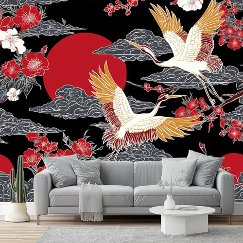 Papier Peint Intissé Grue japonaise traditionnelle Papier Peint Panoramique Rouge Noir Tableaux Photo Muraux Utilisé Pour Salon Chambre Chambre D'Enfant Décoration Murale 250 x 175 cmcm