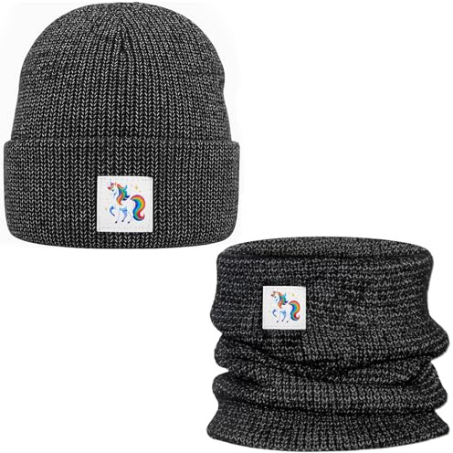 Geyoga 2 Stück Reflektierende Wintermütze & Schal Warmes Set Einhorn Web Label Sichtbar im Dunkeln Ideal für Damen Herren Hohe Sichtbarkeit Laufen Radfahren & Alltag