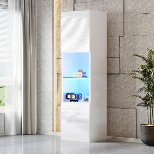 Vitrinenschrank mit Glasboden, Hochschrank Türen und Viel Stauraum, Moderne Glasvitrine, Vitrine mit Hochglanz-Design, für Wohnzimmer Küche Esszimmer Büro, Weiß, 60x35x180cm (Weiß, 60x35x180cm)