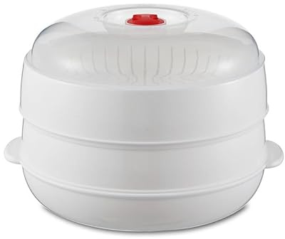 2-Layer Round Microwave Food Steamer, 20 cm Diameter, Plastic Steaming Pot for Vegetables and Fish