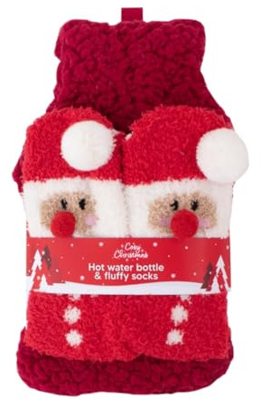 Cosy Christmas Hot Water Bottle & Fluffy Santa Socks Gift Set – Soft Burgundy Cover & Festive Socks with Pom-Poms – Winter Warmer & Christmas Eve Box Treat