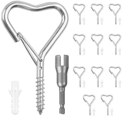 Viweolm Heart Shaped Screw Hooks for Hanging Outdoor String Lights, Lanterns, Wind Chimes, Bird Feeders – Decorative Metal Ceiling Hooks for Hanging Plants, Decorations More (Silver, 12 pcs)